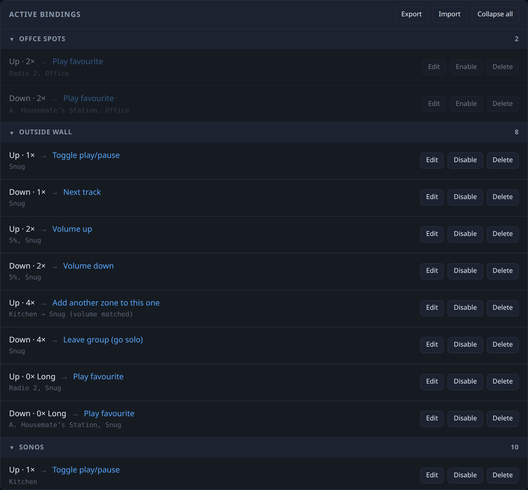 The list of active bindings, grouped by which dimmer they belong to